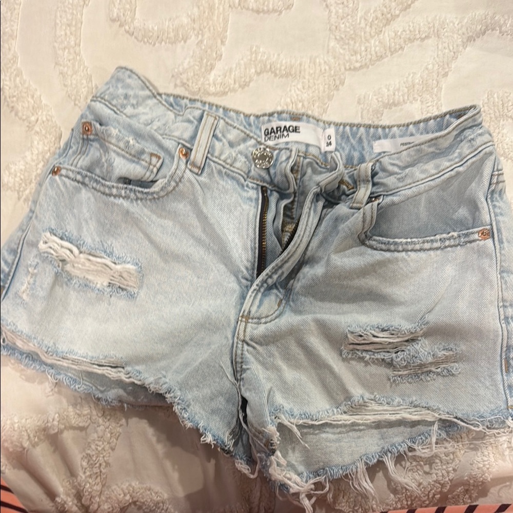 Garage Blue Distressed Jean Shorts with Frayed Hem